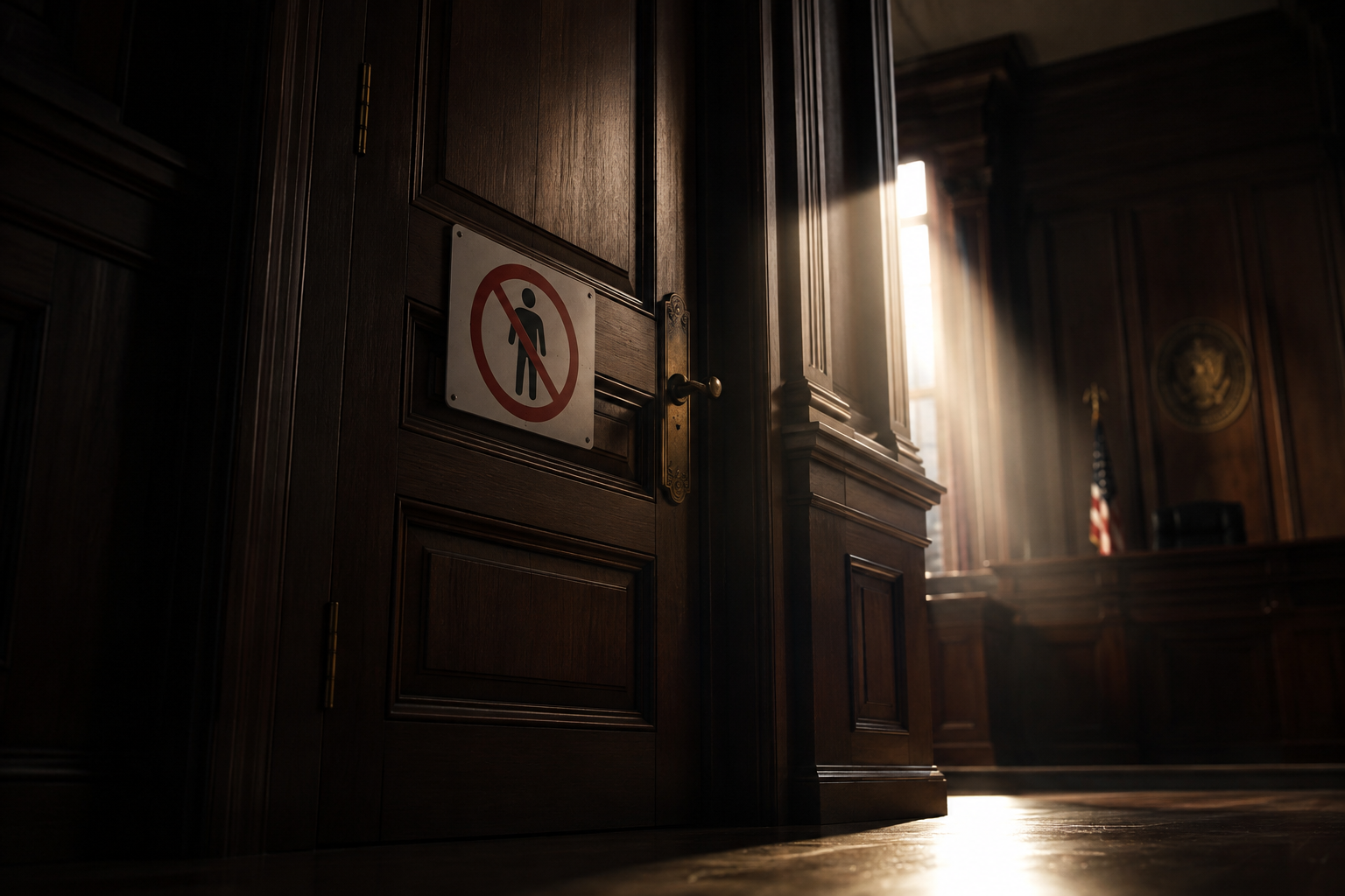 A closed courtroom door with warning signage, representing the risks of refusing a Michigan examination under oath
