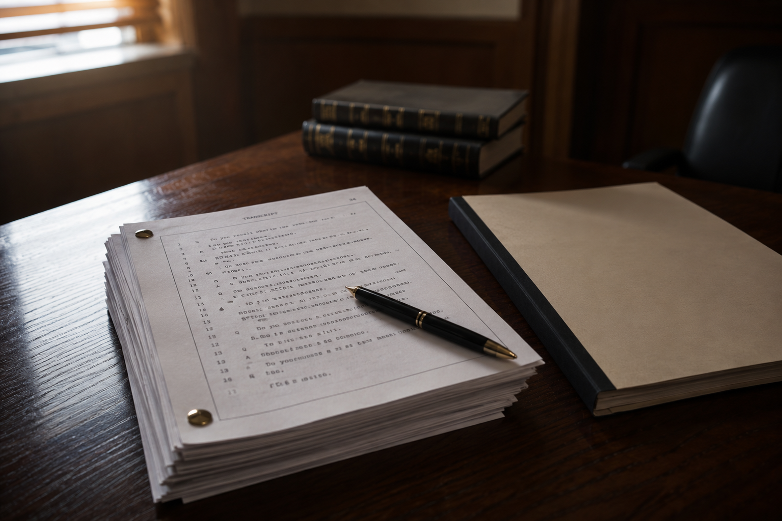 A transcript and closed case folder on a desk, representing the review and waiting period after a Michigan examination under oath