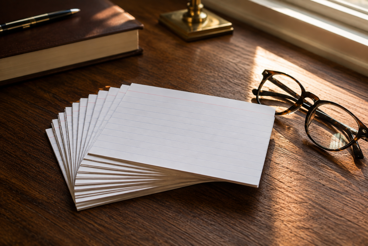 Index cards and reading glasses on a desk, representing thorough preparation for examination under oath questions